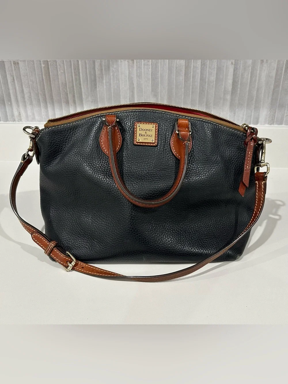 Dooney & Bourke Black Domed Pebble Grain Zip Satchel -(VO 122864) with dust bag